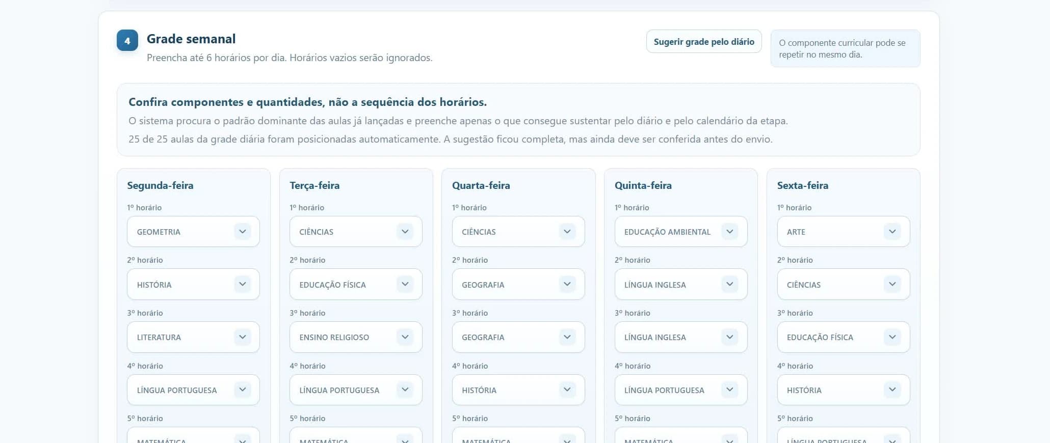 Configuração da grade semanal